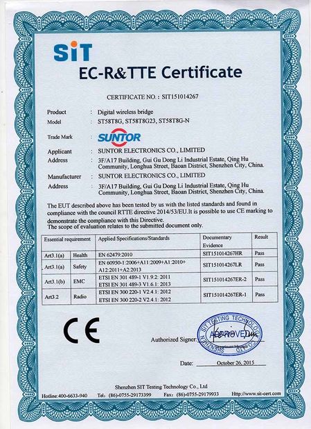 China SUNTOR ELECTRONICS CO.,LIMITED certificaten